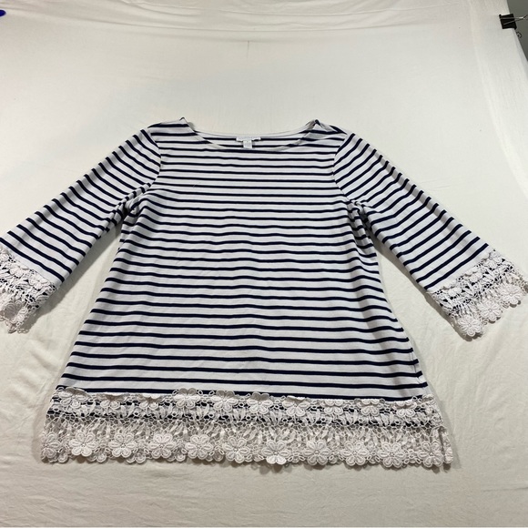 Charter Club Striped Embroidered Shirt Top Crew Neck Long Sleeve Medium Blouse - Picture 1 of 9